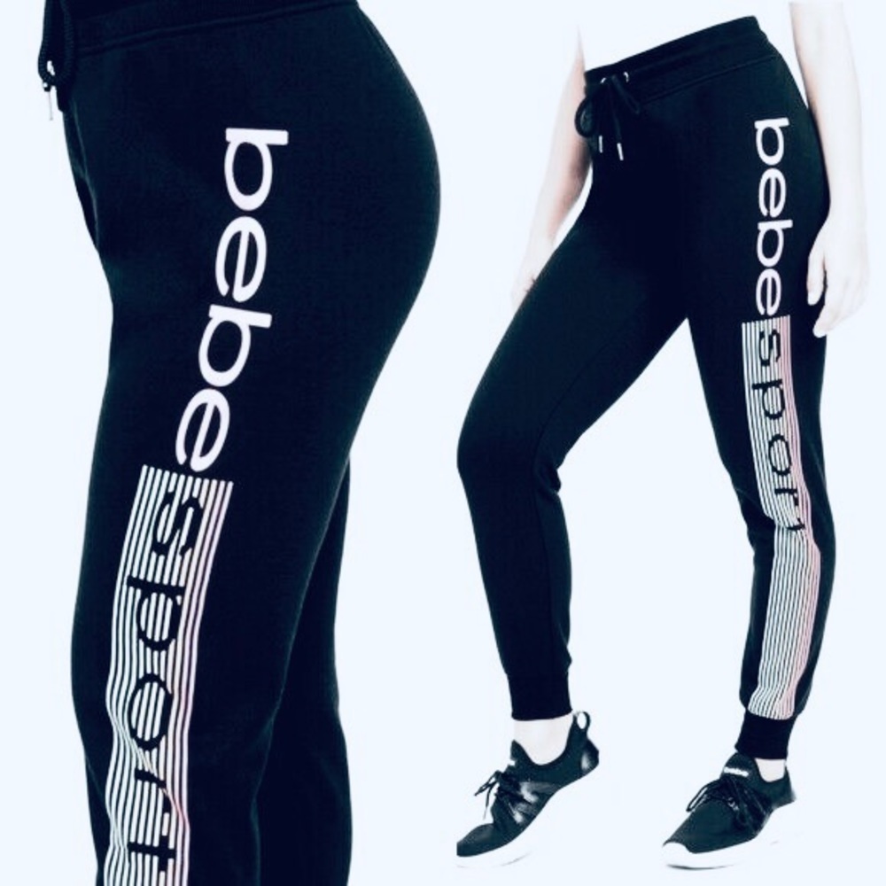 Bebe Sport Womens Black Logo Glitter Stripe Joggers Sweatpants Size Large